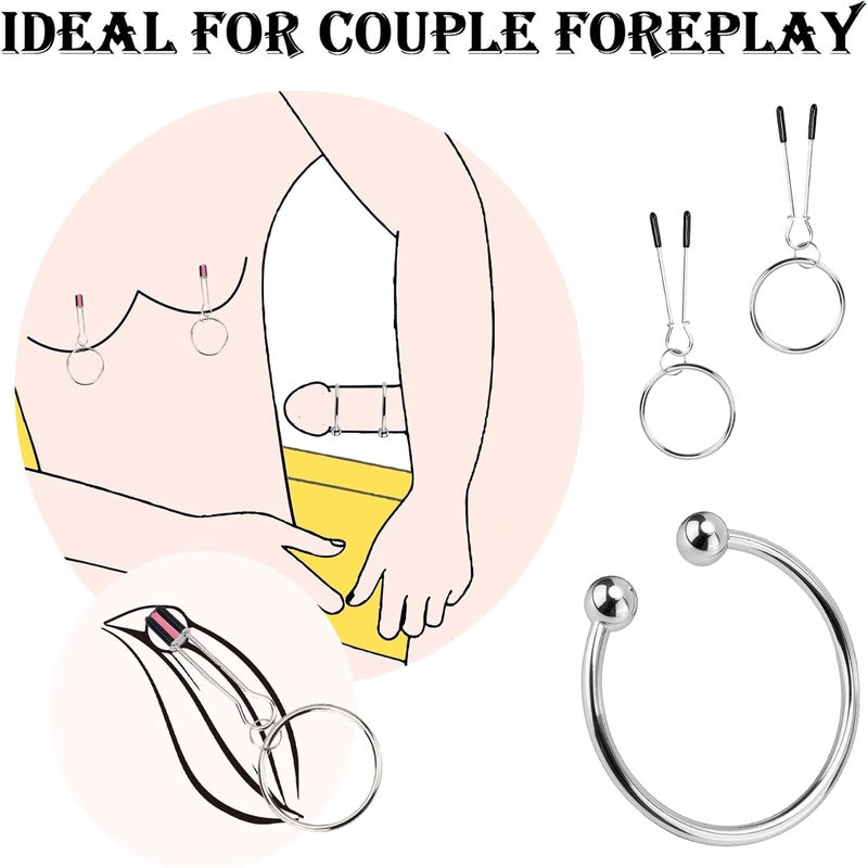 Pack of 8 Stainless Steel Cock Penis Rings for Men in 6 Sizes and Female Nipple Clitoris Clamps | Compatible with BDSM Gears, No Battery Required