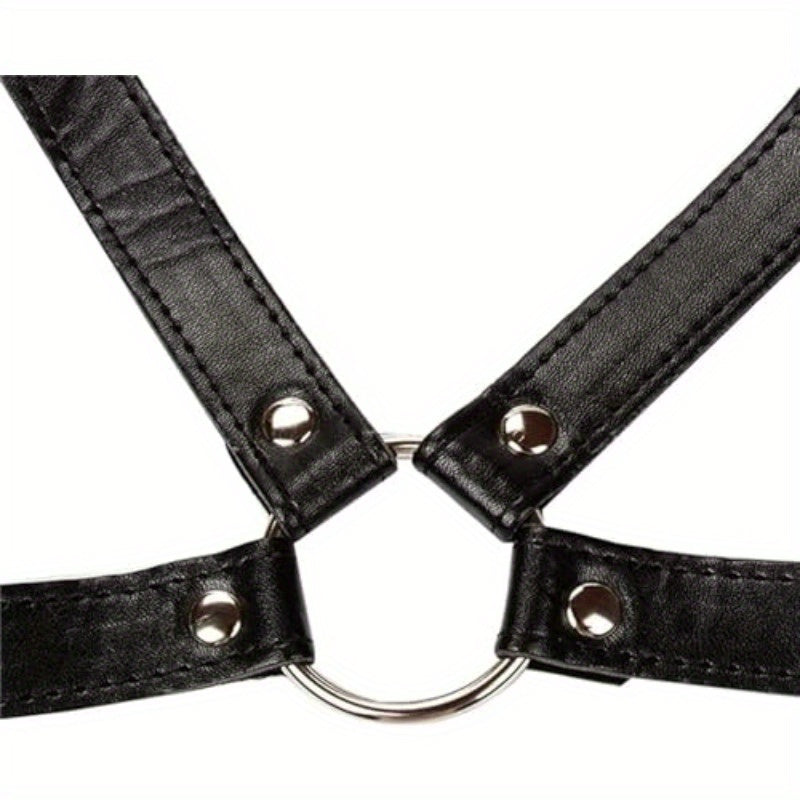 4-in-1 Adjustable BDSM Harness with Nipple Clamps, Neck Collar & Open Mouth Gag - Black & White Strap Design, Durable Metal Construction for Adult Couples, Flirting & Bondage Play, Couples Play Gear, Sleek Metallic Finish, St