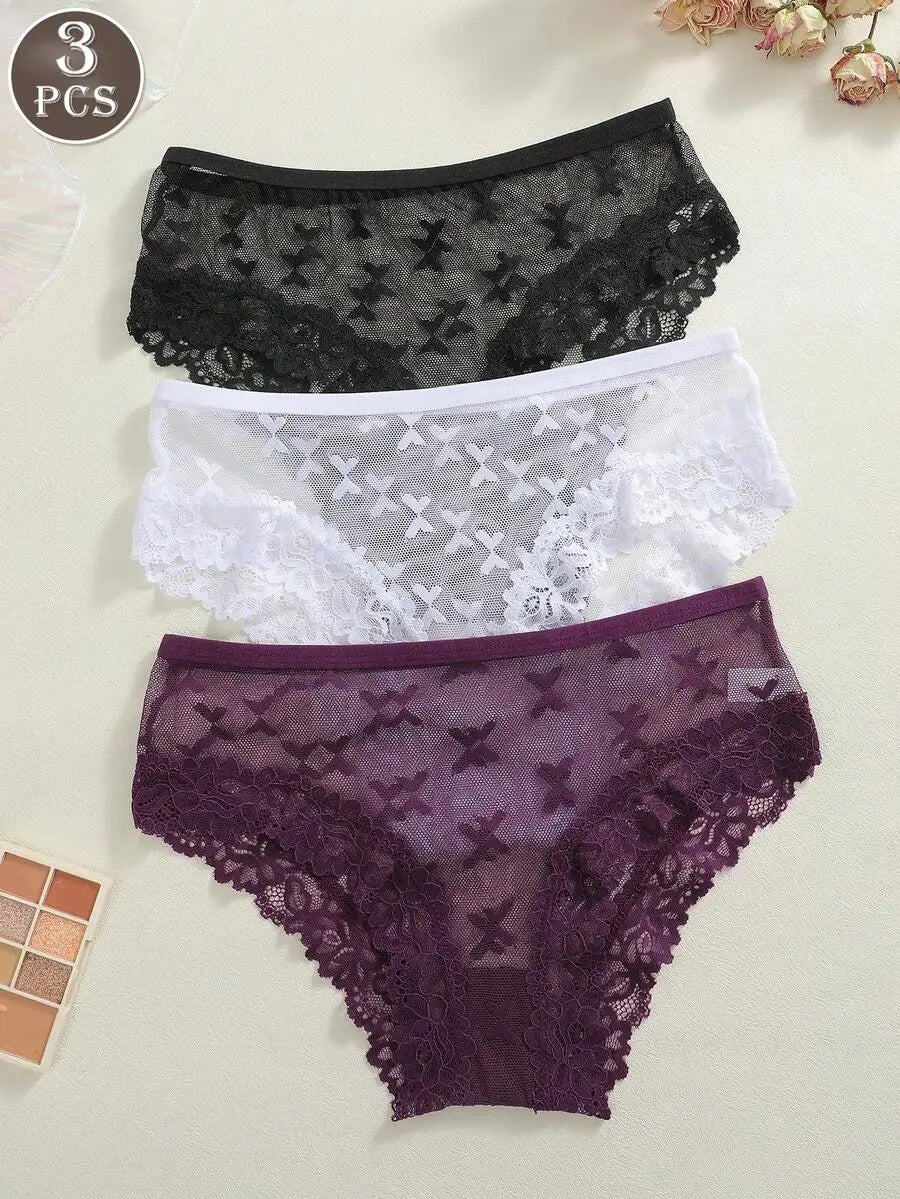 3 Pcs Women Pink Butterfly Lace Low Waist Comfortable Breathable Panties