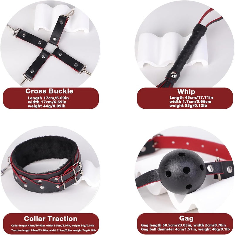 BDSM Bondage Kit for Couples Cuffs Collar Blindfold Whip Gag