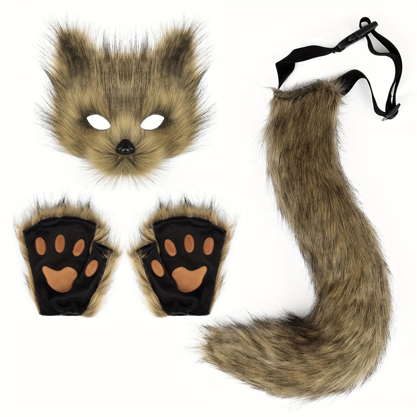 Fox Tail Cosplay Set With Plush Mask And Paw Gloves
