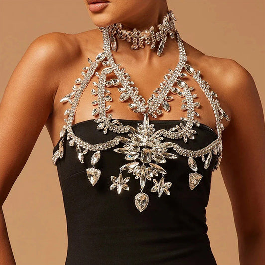 NEULRY Exaggerated Luxurious Rhinestone Chest Chain For Evening Dresses