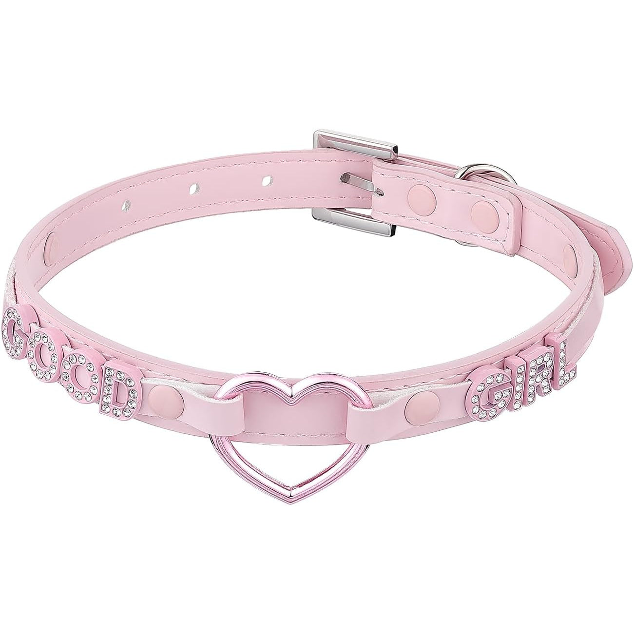 Adjustable Heart Choker Necklace With O Ring Pendant And Leatherlike Strap