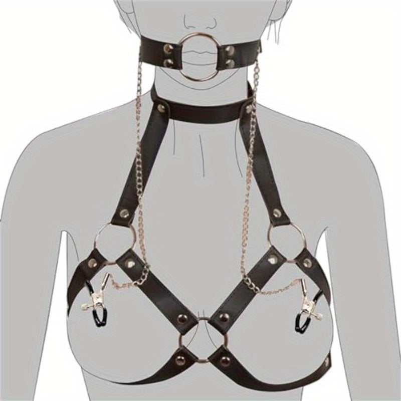 4-in-1 Adjustable BDSM Harness with Nipple Clamps, Neck Collar & Open Mouth Gag - Black & White Strap Design, Durable Metal Construction for Adult Couples, Flirting & Bondage Play, Couples Play Gear, Sleek Metallic Finish, St