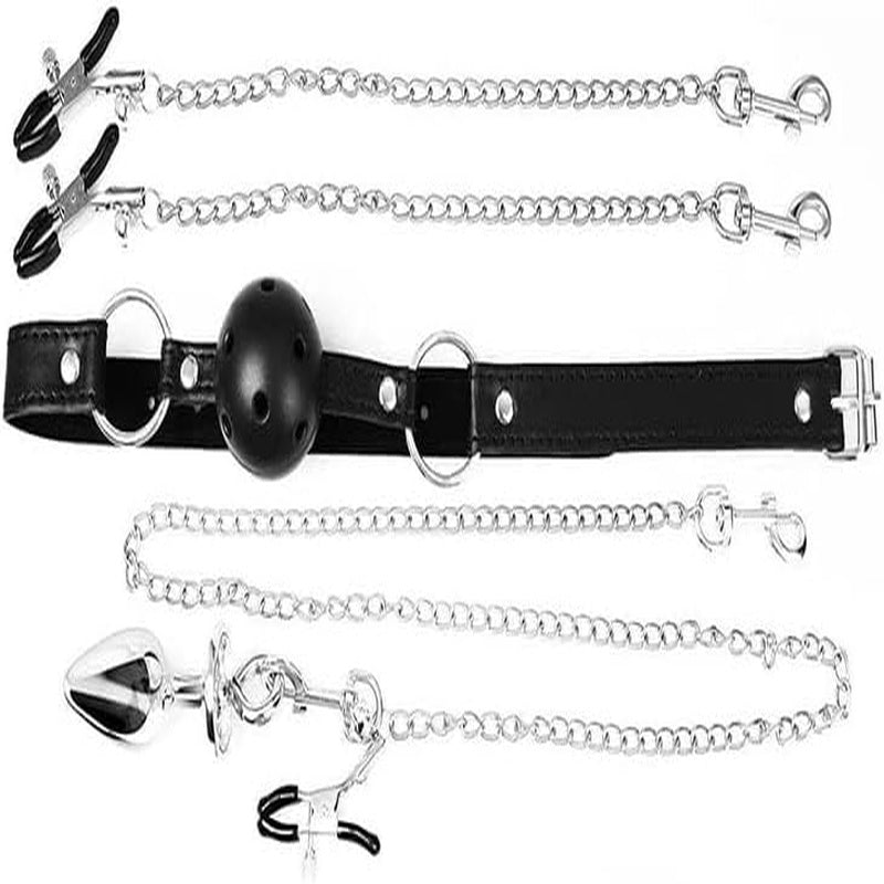 BDSM Bondage Set With Breathable Ball Gag And Clamps