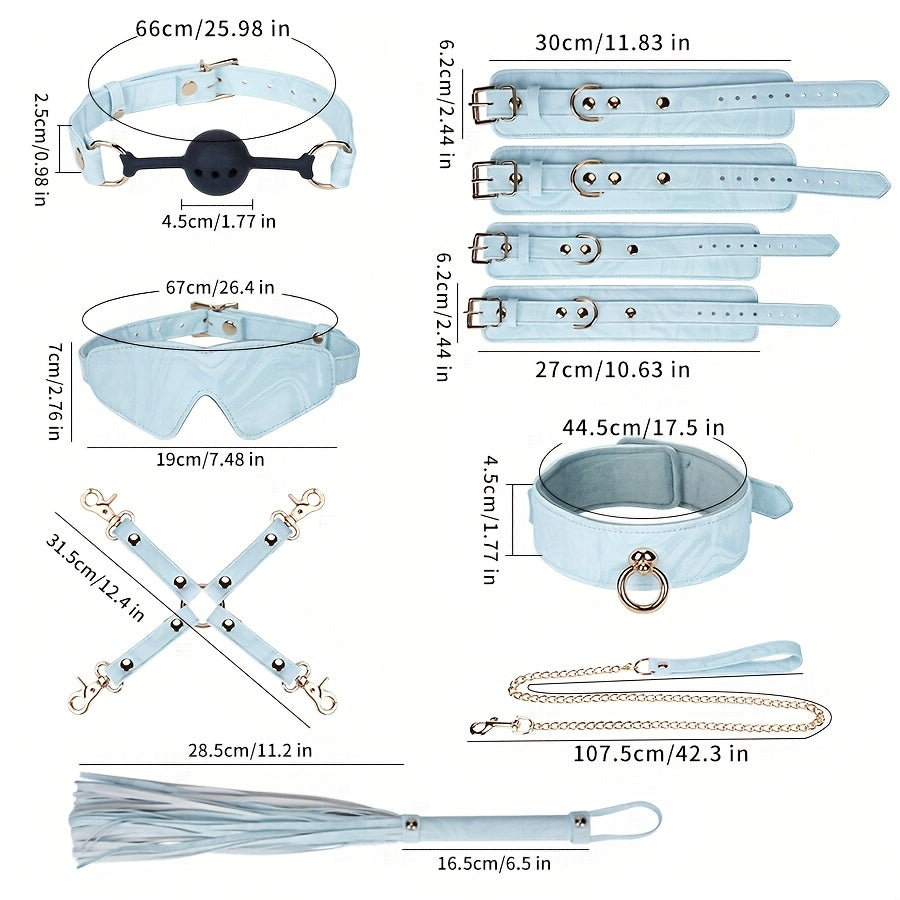 8pcs SM Adult Toy Couple Punishment Game Toy | Includes Mouth Ball, Eye Mask, Leather Whip, Restraint Handcuffs, Collar, Buckle, Made of Leather, Contains Fluff, High-End Factory Direct