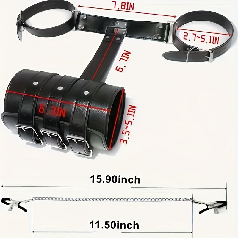 Two-Piece Set for Bondage Training | Includes Backhand Strap with Double-Headed Nipple Clamps and Restraint Cuffs, B/SM, Metal Nipple Clamps