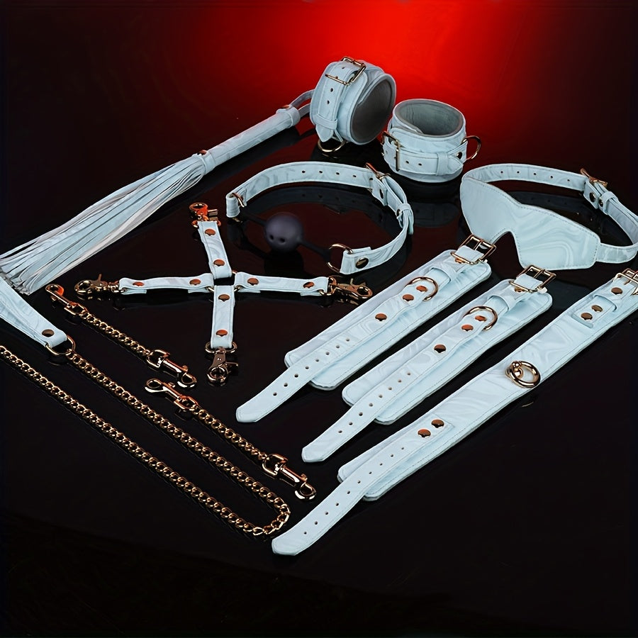 8pcs SM Adult Toy Couple Punishment Game Toy | Includes Mouth Ball, Eye Mask, Leather Whip, Restraint Handcuffs, Collar, Buckle, Made of Leather, Contains Fluff, High-End Factory Direct