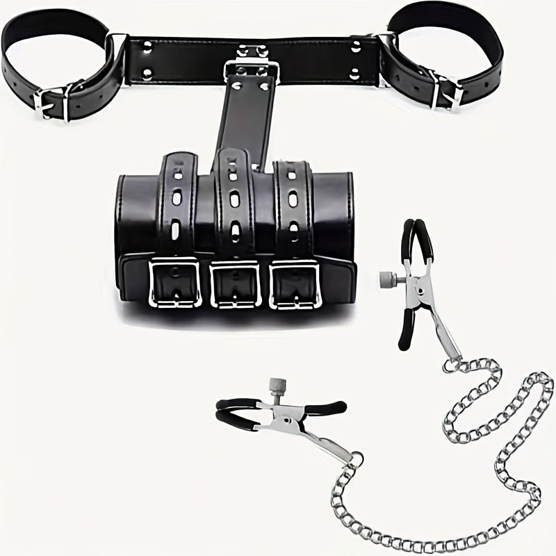 Two-Piece Set for Bondage Training | Includes Backhand Strap with Double-Headed Nipple Clamps and Restraint Cuffs, B/SM, Metal Nipple Clamps