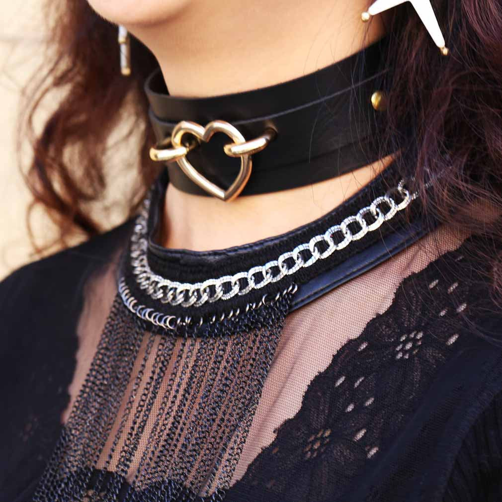 PU Leather Restraint Collar Heart Necklace Choker European American Style