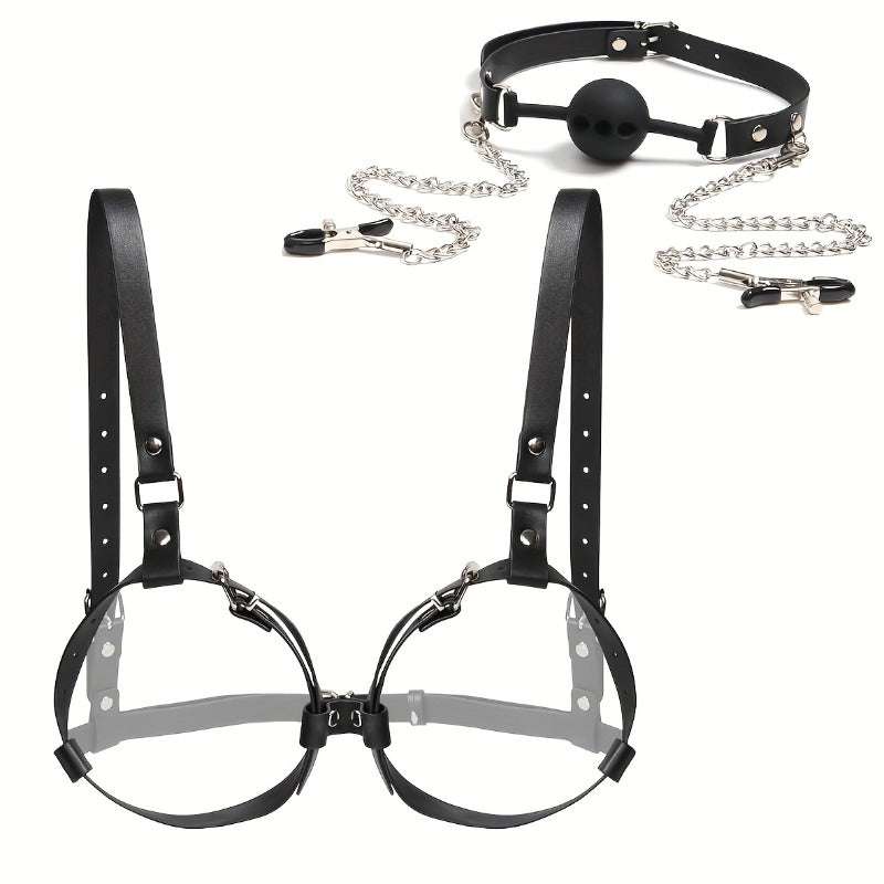 3-In-1 Women's Restraint Set With Gag And Nipple Clamps