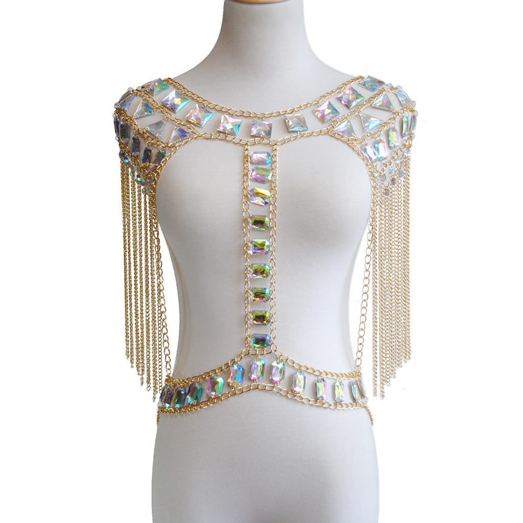 Acrylic Body Chain Jewelry With Gemstone Patchwork Chest Accessory