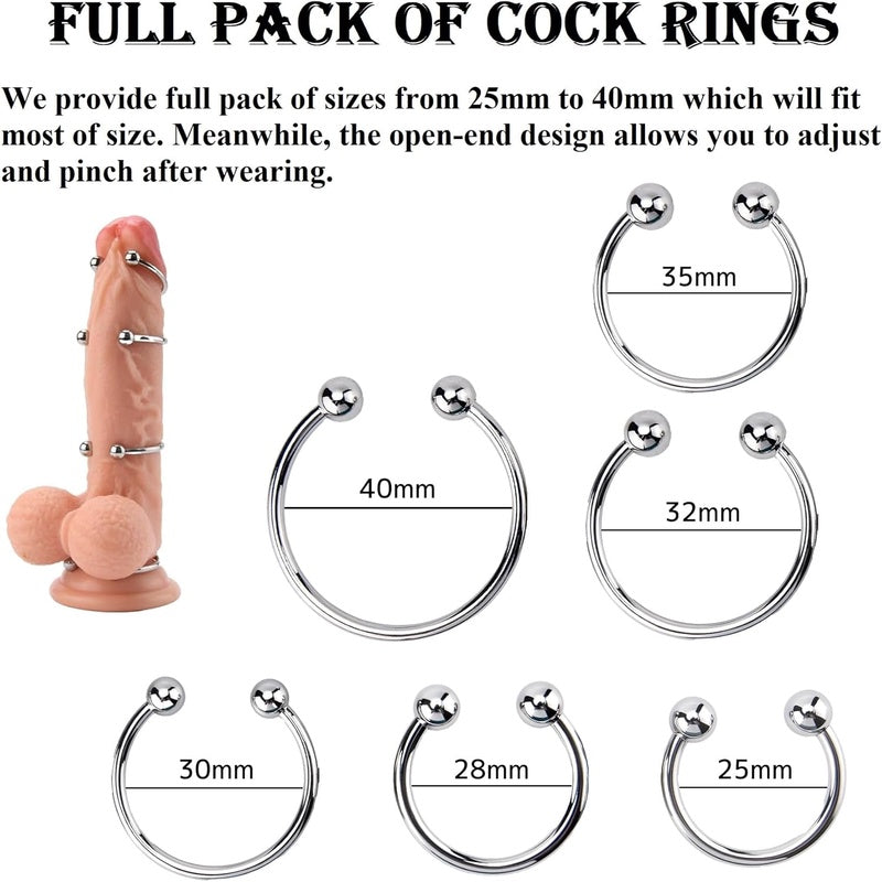 Pack of 8 Stainless Steel Cock Penis Rings for Men in 6 Sizes and Female Nipple Clitoris Clamps | Compatible with BDSM Gears, No Battery Required