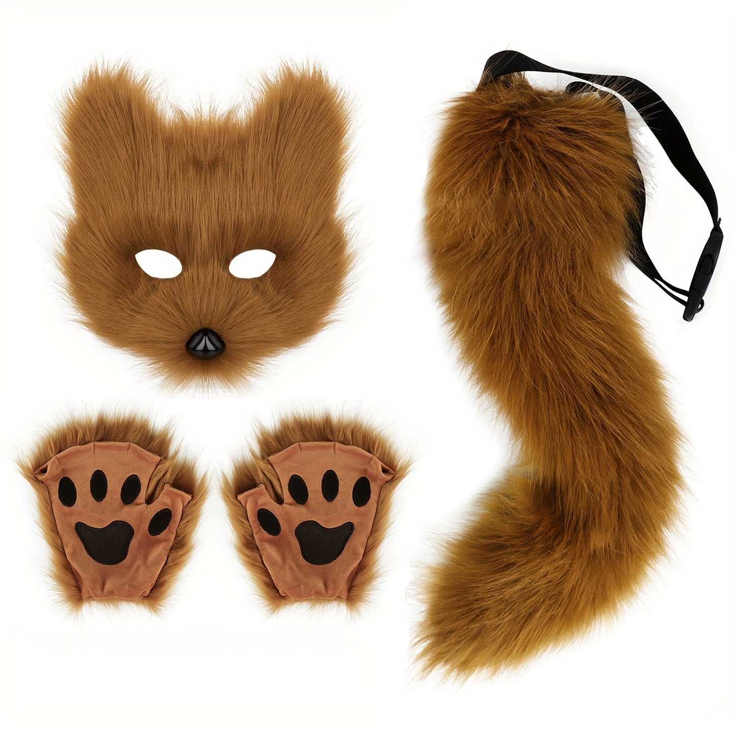 Fox Tail Cosplay Set With Plush Mask And Paw Gloves