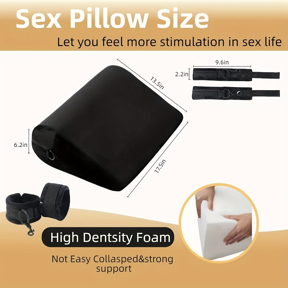 Sex Pillow Foam Sex Furniture Position Pillows With Restraints Handcuffs Set | BDSM Bondage Foam Cushion With Wrist Cuffs, Multifunctional Sex Toys Pillows For Couples, PVC Material, Black