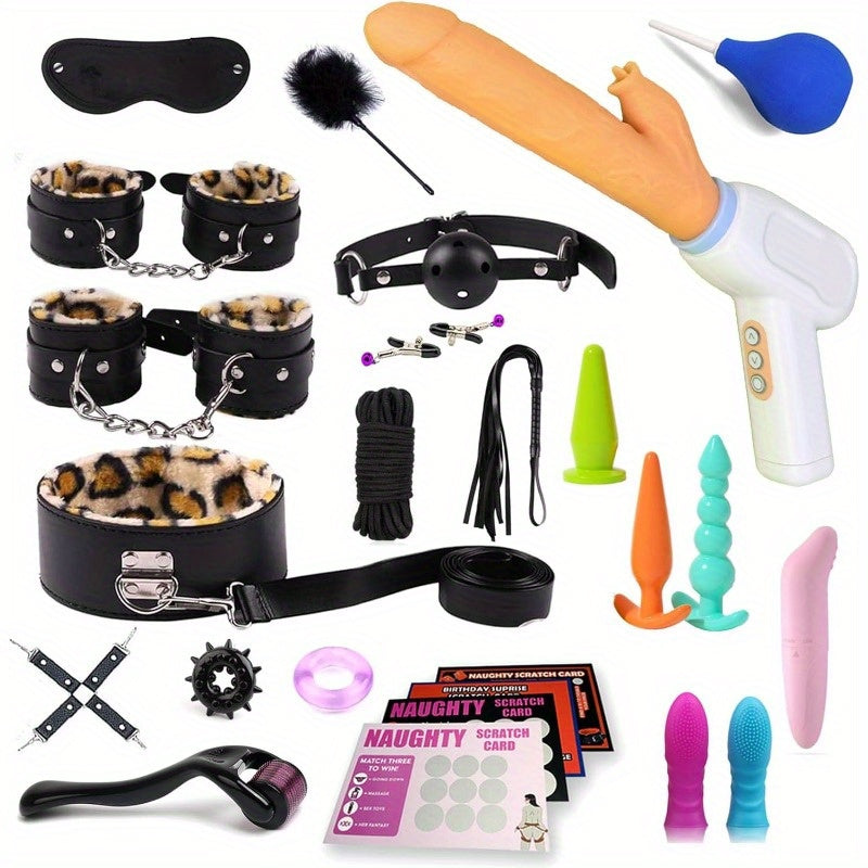 BDSM Sex Bondage Kit Restraints 25pcs Sets with Adjustable Handcuffs Collar Ankle Cuff Blindfold Feather Tickler Vibrator Anal Plug Adult Games Sex Toys, Bondages for Submissive Female Plus Size, Bondage Play, Restraint Kit,