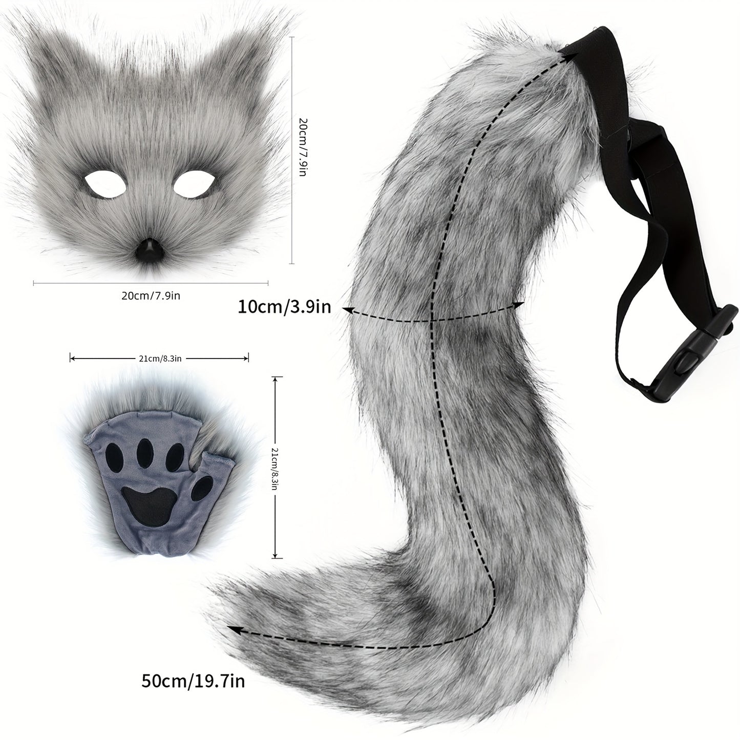 Fox Tail Cosplay Set With Plush Mask And Paw Gloves