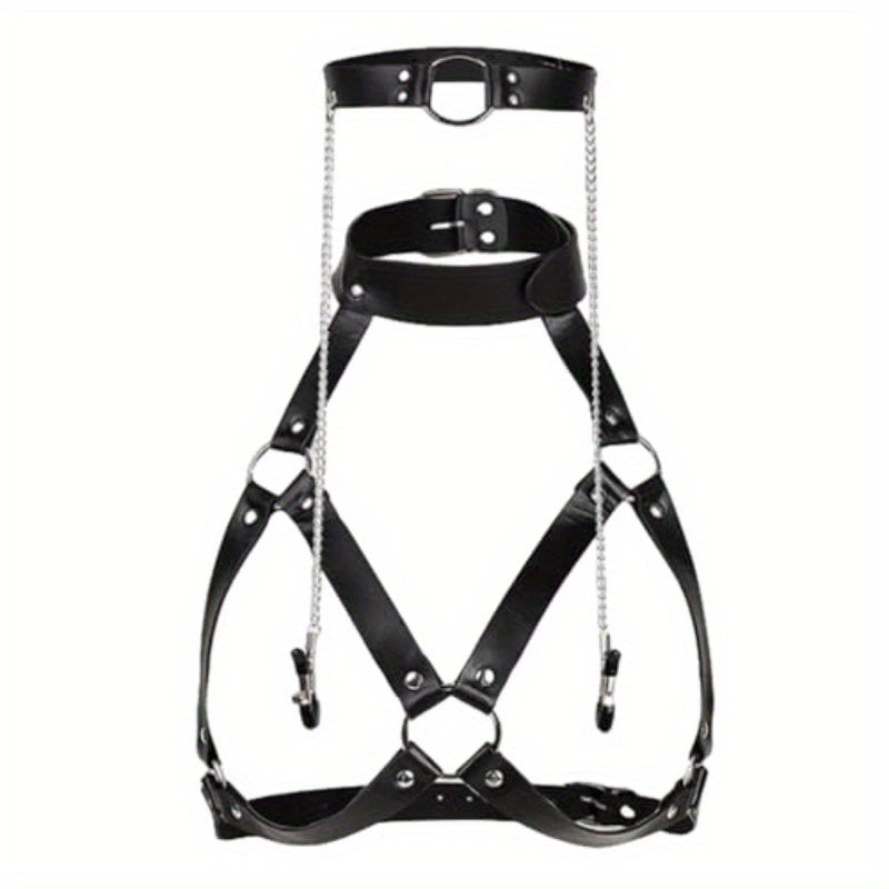 4-in-1 Adjustable BDSM Harness with Nipple Clamps, Neck Collar & Open Mouth Gag - Black & White Strap Design, Durable Metal Construction for Adult Couples, Flirting & Bondage Play, Couples Play Gear, Sleek Metallic Finish, St