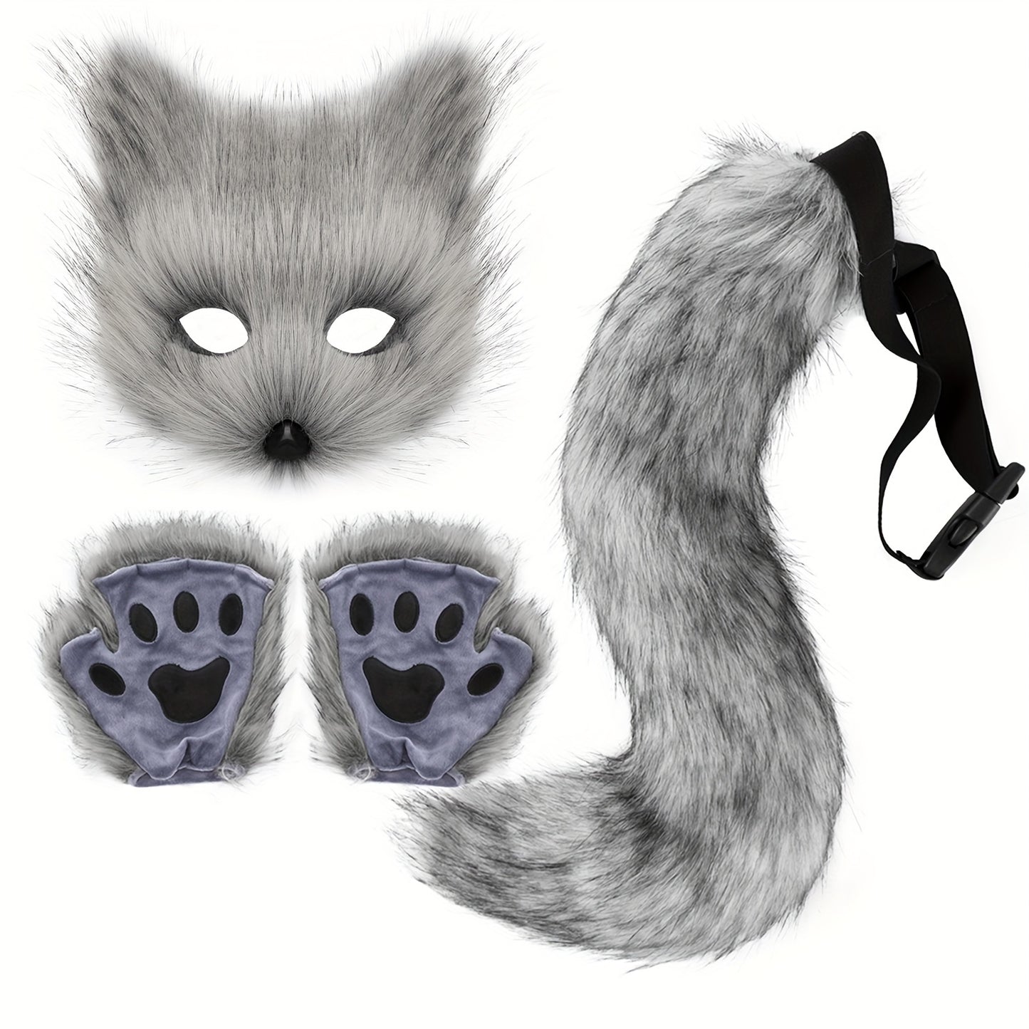 Fox Tail Cosplay Set With Plush Mask And Paw Gloves