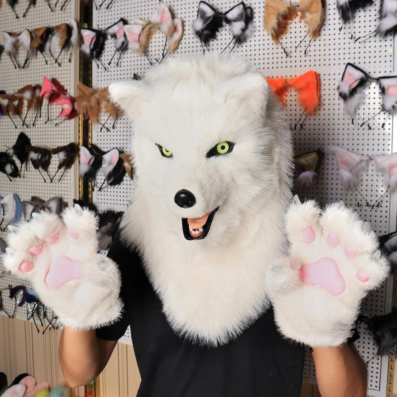 Wolf Dog Costume Set With Plush Tail Head Mask For Adults