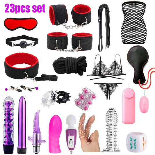 23pcs Bondage Sex Kit ForCouples-Beginners BDSMSet with Vibrators, Lingerie.Handcuffs, Whip, Blindfold & More