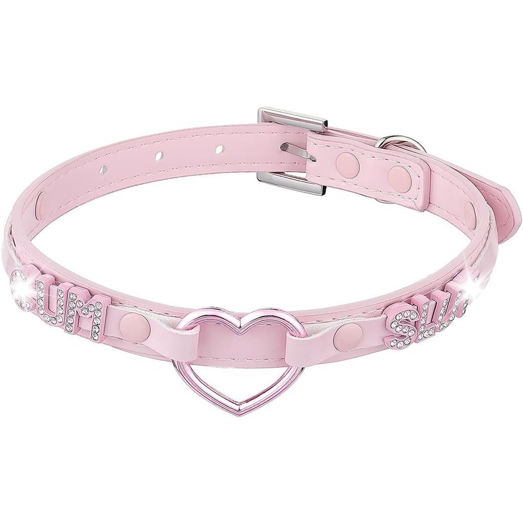 Adjustable Heart Choker Necklace With O Ring Pendant And Leatherlike Strap