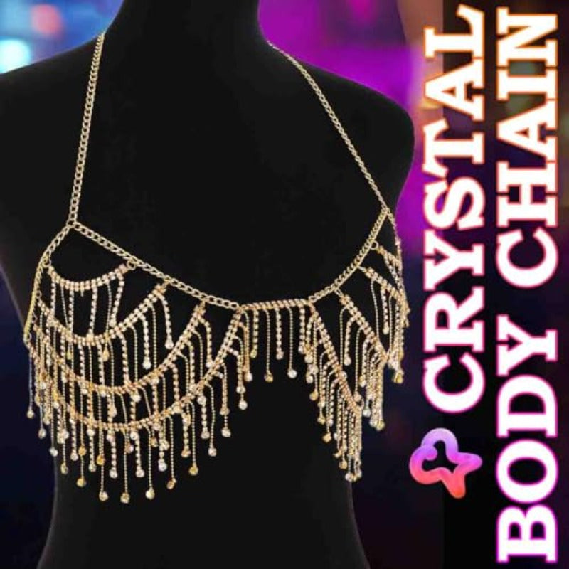 Women's Adjustable Golden Toned Rhinestone Tassel Bra Chain Body Jewelry