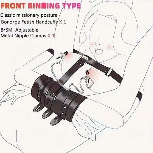 Two-Piece Set for Bondage Training | Includes Backhand Strap with Double-Headed Nipple Clamps and Restraint Cuffs, B/SM, Metal Nipple Clamps