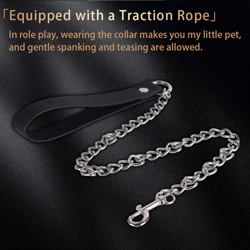 Couple Collar Stainless Steel Lock Leather Leash Set BDSM