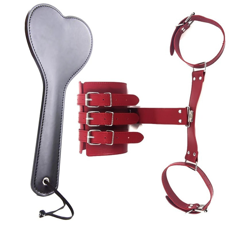 2pcs Leather Bondage Set: Back Strap Restraints& Heart-Shaped Whip, Couples Sensory Play Collection, Black Erotic Accessories Gift Set