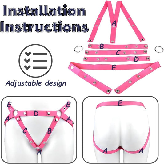 Male Anti - Off Chastity Cage Strap with PU Elastic Belt Scrotum Rooster Rings for Gay Men( Pink)