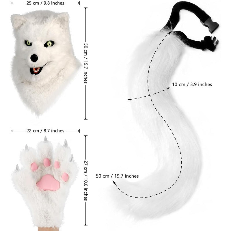 Wolf Dog Costume Set With Plush Tail Head Mask For Adults