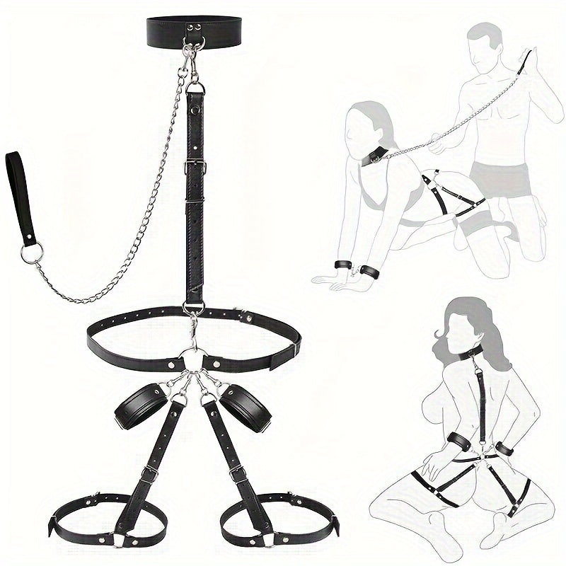 Bondage Set for Couples | SM Handcuffs, Leg Cuffs with Traction Chain, Collar & Belt Restraint Kit, Adjustable Adult BDSM Toys, Beginner Friendly