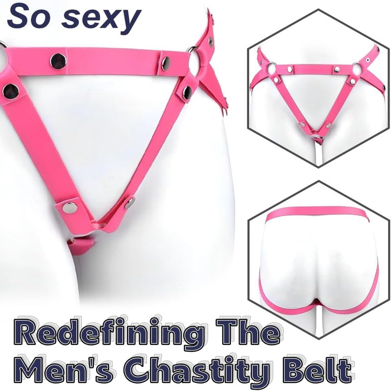 Male Anti - Off Chastity Cage Strap with PU Elastic Belt Scrotum Rooster Rings for Gay Men( Pink)