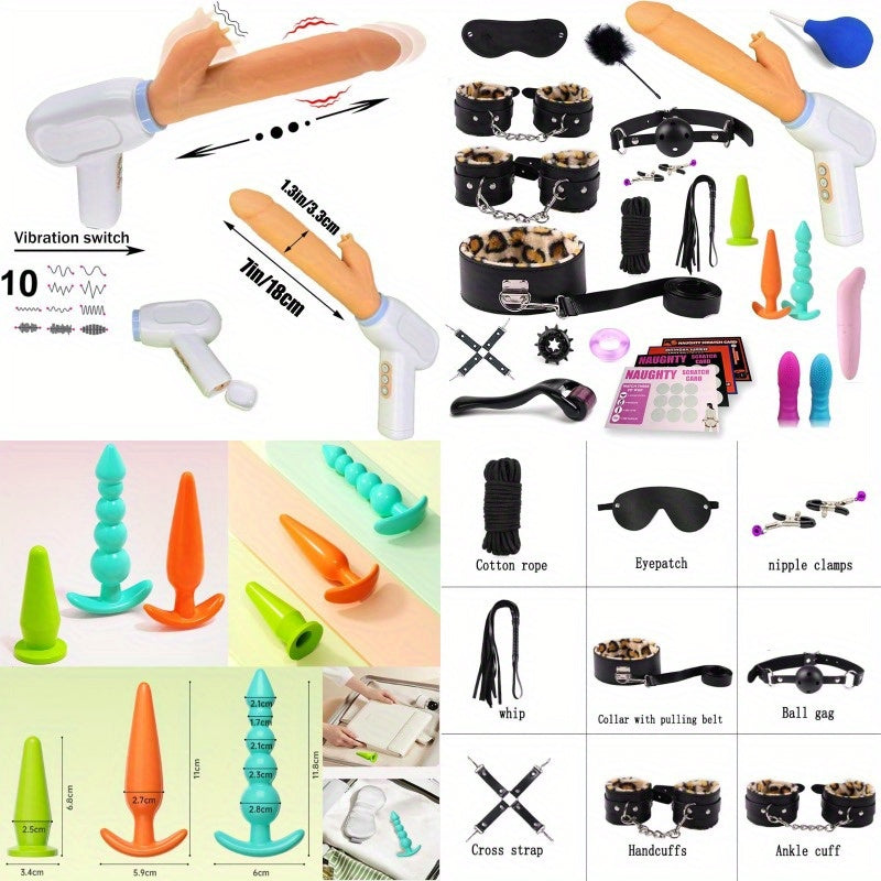 BDSM Sex Bondage Kit Restraints 25pcs Sets with Adjustable Handcuffs Collar Ankle Cuff Blindfold Feather Tickler Vibrator Anal Plug Adult Games Sex Toys, Bondages for Submissive Female Plus Size, Bondage Play, Restraint Kit,