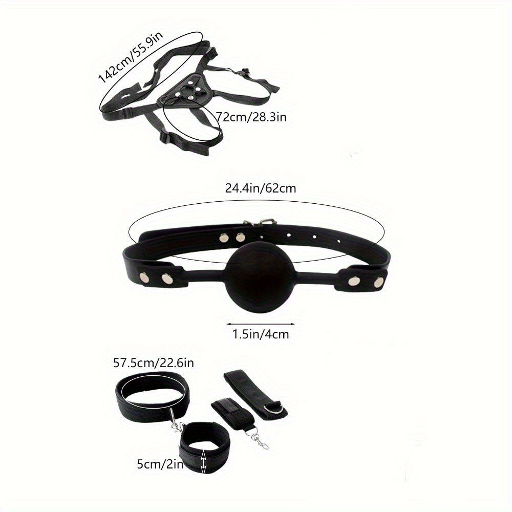 Dildo - 5pcs SM Body Bondage Set, Nylon Handcuffs/ shackles and Blackout Sex Mask and Gag and Purple Bell Nipple Clamps and Wearable Dildo Straps, BDSM Adult Sex Toy Games, Unisex Couple Toys, Valentine'S Day Game Gifts, Sex