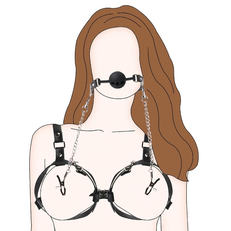 3-In-1 Women's Restraint Set With Gag And Nipple Clamps