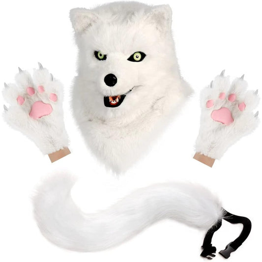 Wolf Dog Costume Set With Plush Tail Head Mask For Adults