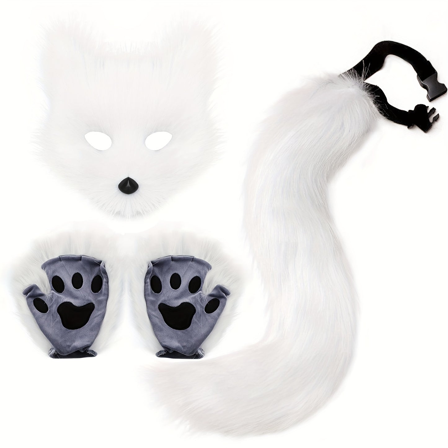 Fox Tail Cosplay Set With Plush Mask And Paw Gloves
