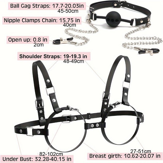 3-In-1 Women's Restraint Set With Gag And Nipple Clamps