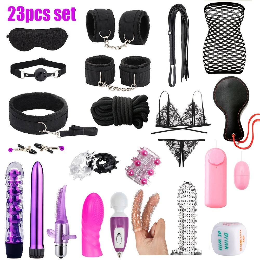 23pcs Bondage Sex Kit ForCouples-Beginners BDSMSet with Vibrators, Lingerie.Handcuffs, Whip, Blindfold & More