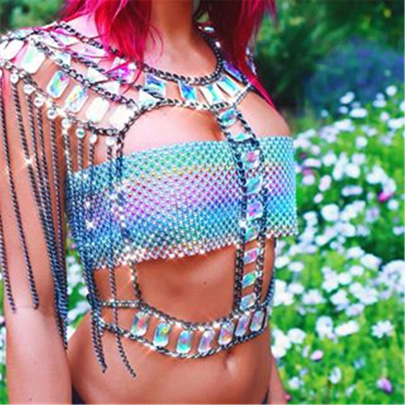 Acrylic Body Chain Jewelry With Gemstone Patchwork Chest Accessory