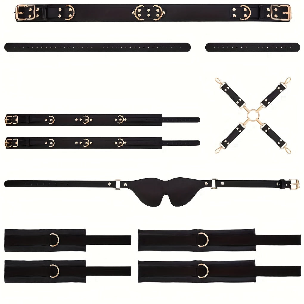 姬欲 Leather Bondage 11-Piece Set With Adjustable Cuffs Eye Mask