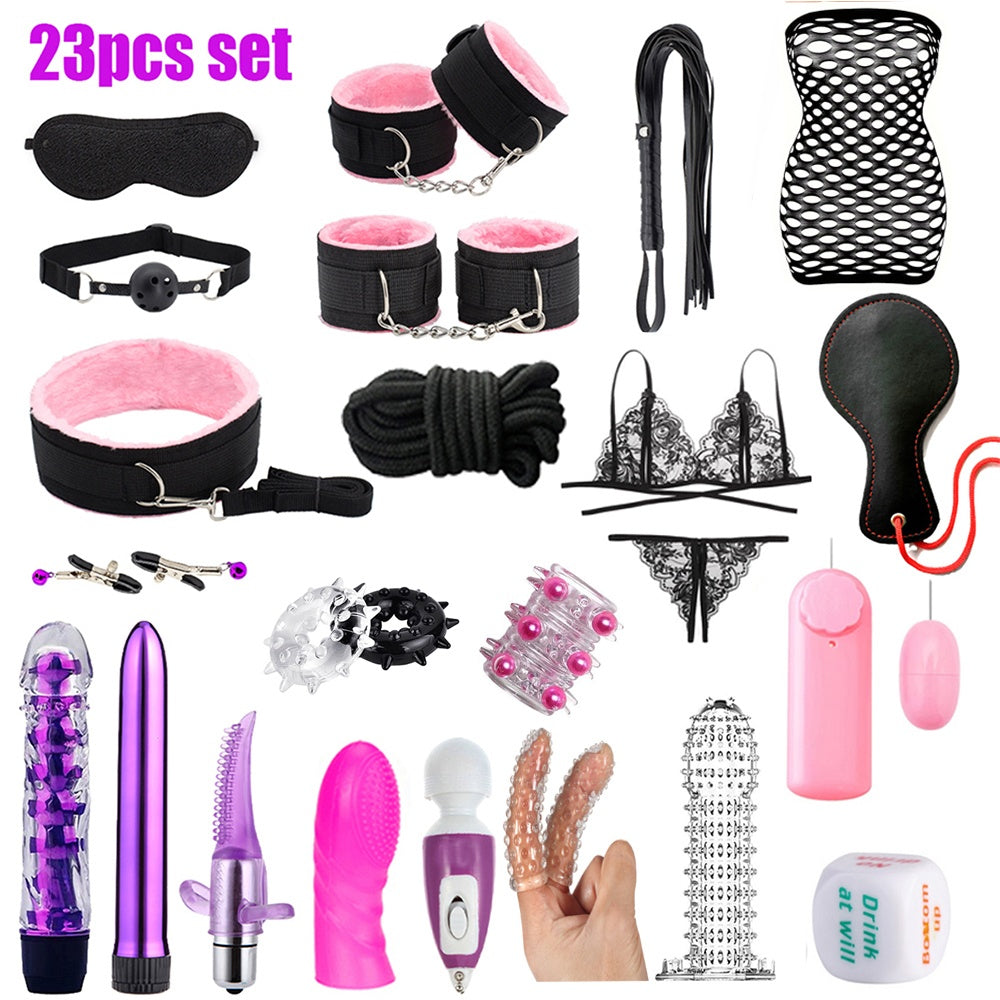23pcs Bondage Sex Kit ForCouples-Beginners BDSMSet with Vibrators, Lingerie.Handcuffs, Whip, Blindfold & More