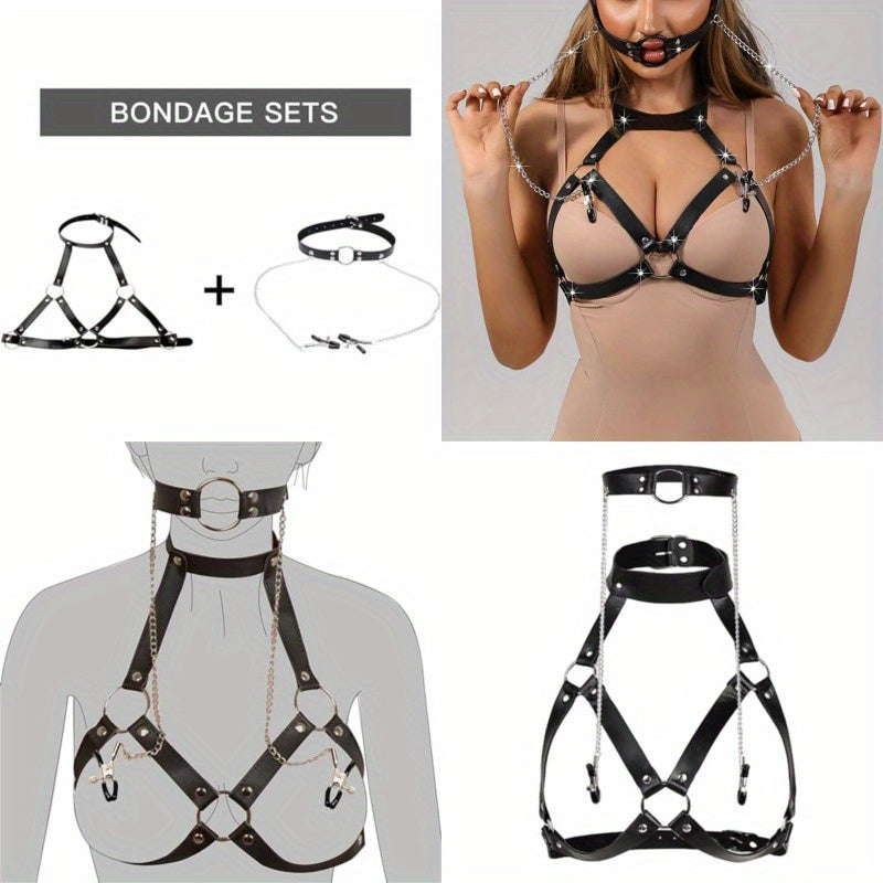 4-in-1 Adjustable BDSM Harness with Nipple Clamps, Neck Collar & Open Mouth Gag - Black & White Strap Design, Durable Metal Construction for Adult Couples, Flirting & Bondage Play, Couples Play Gear, Sleek Metallic Finish, St