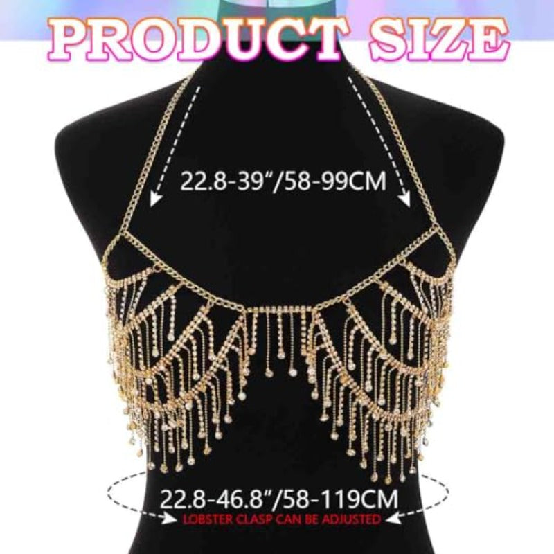 Women's Adjustable Golden Toned Rhinestone Tassel Bra Chain Body Jewelry