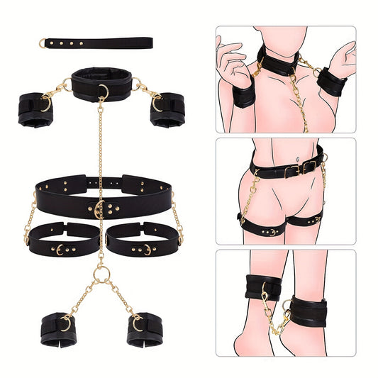 Bondage Set for Couples | SM Handcuffs, Leg Cuffs with Traction Chain, Collar & Belt Restraint Kit, Adjustable Adult BDSM Toys, Beginner Friendly