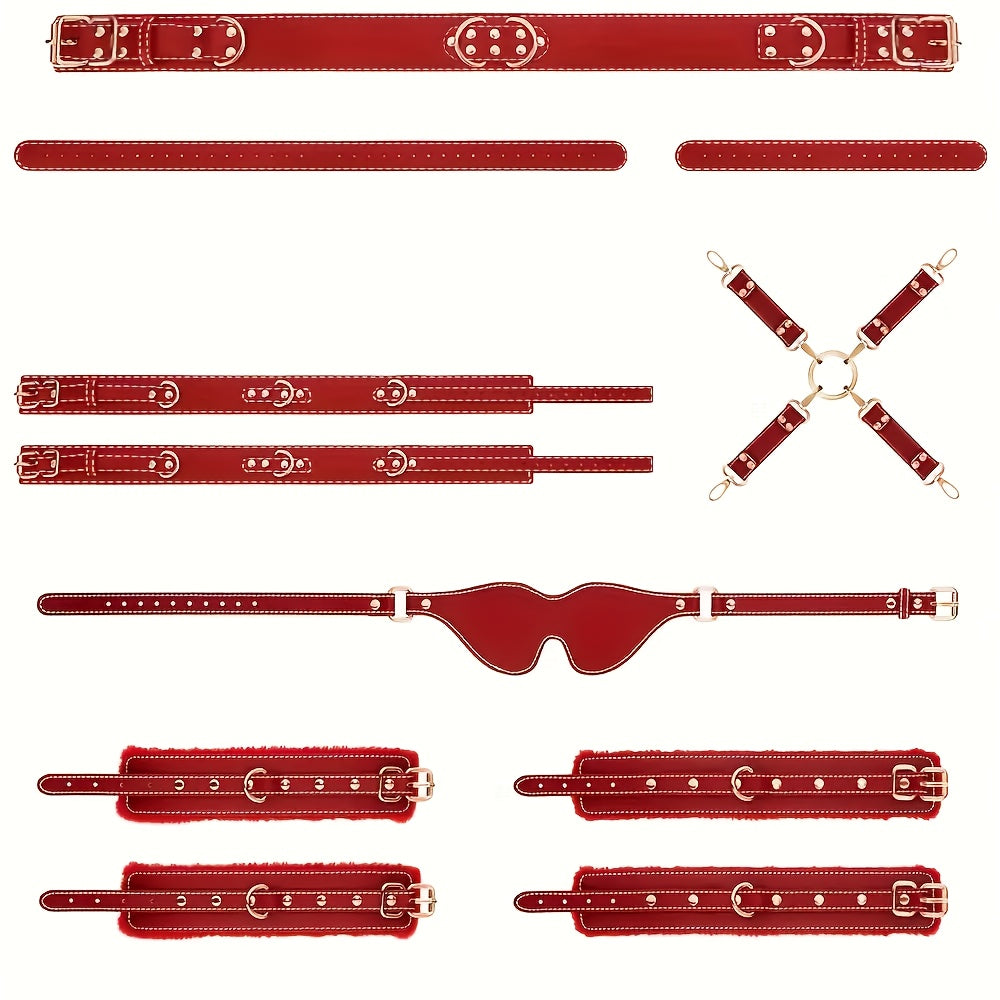 姬欲 Leather Bondage 11-Piece Set With Adjustable Cuffs Eye Mask