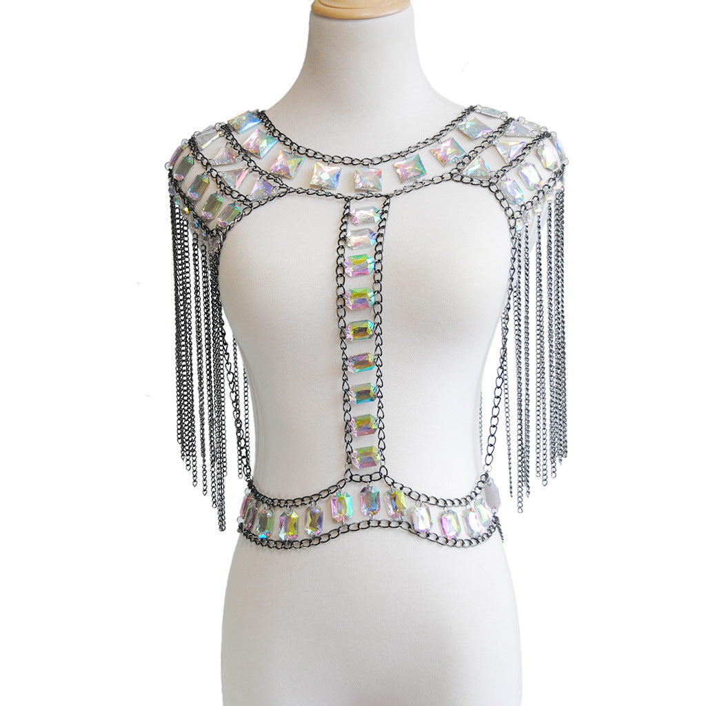 Acrylic Body Chain Jewelry With Gemstone Patchwork Chest Accessory