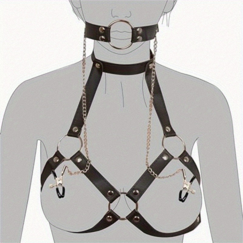 4-in-1 Adjustable BDSM Harness with Nipple Clamps, Neck Collar & Open Mouth Gag - Black & White Strap Design, Durable Metal Construction for Adult Couples, Flirting & Bondage Play, Couples Play Gear, Sleek Metallic Finish, St